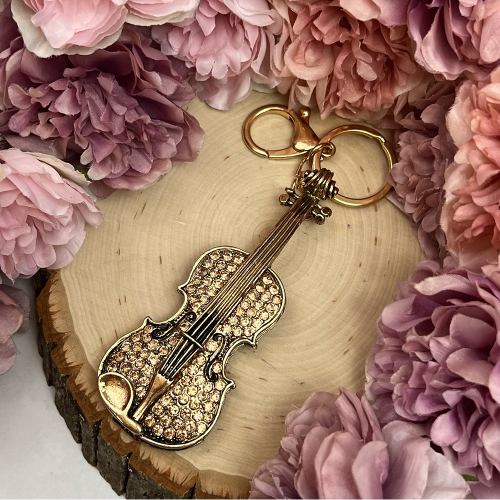 Beautiful Antiqued Gold and Crystal Viola Keychain Charm - Picture 6 of 13